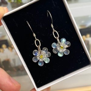 Hand made Glass Plastic Beads Flower Earrings 925 Silver